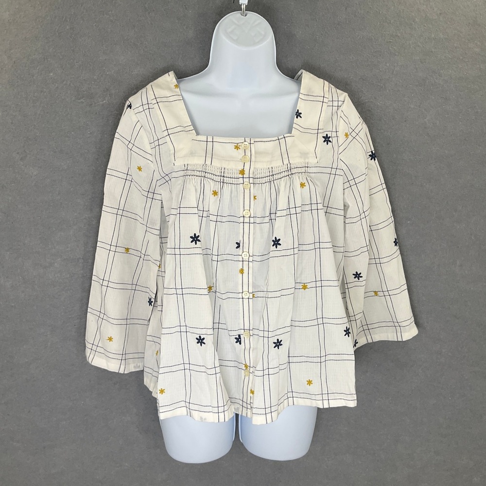 Madewell Top XXS White‎ Plaid Square Neck Floral Button Blouse Peasant Bohemian